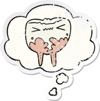 cartoon bad tooth and thought bubble as a distressed worn sticker png