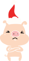 flat color illustration of a angry pig wearing santa hat png