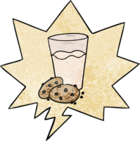 tecknade kakor och mjölk och pratbubbla i retro textur stil png