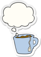 cartoon hot cup of tea and thought bubble as a printed sticker png