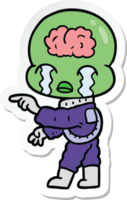 sticker van een cartoon big brain alien die huilt en wijst png