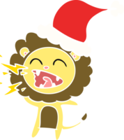 flat color illustration of a roaring lion wearing santa hat png