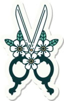 tattoo style sticker of a barber scissors and flowers png