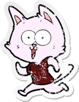 distressed sticker of a funny cartoon cat jogging png