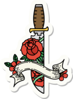 tatoeëren sticker met banier van een dolk en bloemen png