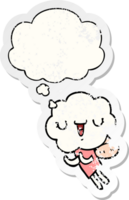 créature de tête de nuage de dessin animé mignon et bulle de pensée comme autocollant usé en détresse png