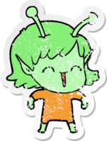 distressed sticker of a cartoon alien girl laughing png