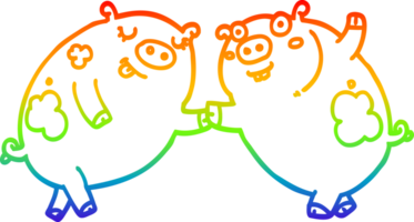 rainbow gradient line drawing cartoon pigs dancing png