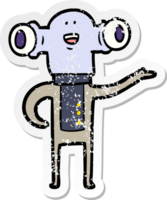 distressed sticker of a friendly cartoon alien gesturing png