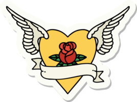 adesivo estilo tatuagem de um coração com asas uma rosa e banner png