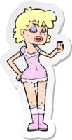 retro distressed sticker of a cartoon woman making dismissive gesture png