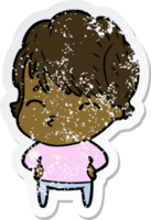 distressed sticker of a cartoon woman thinking png