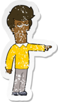 retro distressed sticker of a cartoon pointing man png