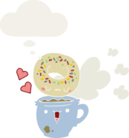 schattige cartoon donut en koffie en gedachte bel in retro stijl png