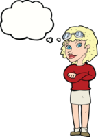 cartoon woman with crossed arms and safety goggles with thought bubble png