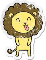 distressed sticker of a happy cartoon lion png