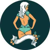 tattoo style icon of a pinup swimsuit girl with banner png