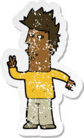 retro distressed sticker of a cartoon man giving peace sign png