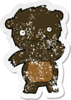 retro distressed sticker of a cartoon waving black bear cub png