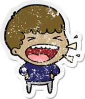 distressed sticker of a cartoon laughing man png