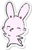 distressed sticker of a curious waving bunny cartoon png