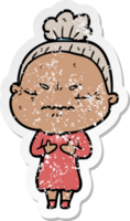 distressed sticker of a cartoon annoyed old lady png