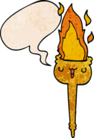 cartoon flaming torch and speech bubble in retro texture style png