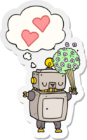 robot de dibujos animados enamorado y burbuja de pensamiento como pegatina impresa png