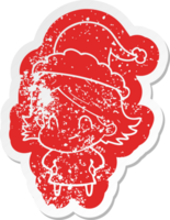 cartoon distressed sticker of a friendly girl wearing santa hat png