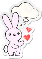 carino cartone animato coniglio con amore cuori con pensato bolla come un' afflitto logoro etichetta png