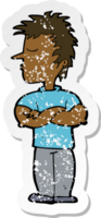 retro distressed sticker of a cartoon man refusing to listen png