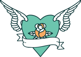 iconisch tatoeëren stijl beeld van hart met Vleugels een roos en banier png