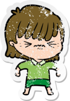 distressed sticker of a annoyed cartoon girl png