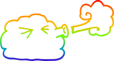 rainbow gradient line drawing of a cartoon cloud blowing a gale png