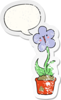 mignonne dessin animé fleur avec discours bulle affligé affligé vieux autocollant png