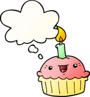 cartoon cupcake with candle with thought bubble in smooth gradient style png