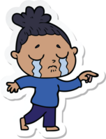 sticker of a cartoon crying woman pointing png