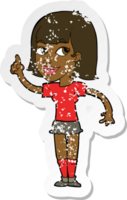 retro distressed sticker of a cartoon pretty girl with idea png