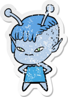 distressed sticker of a cute cartoon alien girl png