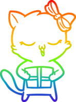 rainbow gradient line drawing of a cartoon girl cat with christmas present png