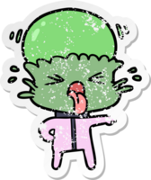 distressed sticker of a weird cartoon alien pointing png