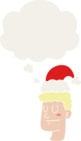 cartoon man wearing christmas hat with thought bubble in retro style png