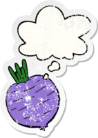 cartoon vegetable with thought bubble as a distressed worn sticker png