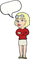 cartoon woman with crossed arms and safety goggles with speech bubble png