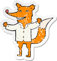 retro distressed sticker of a cartoon happy fox wearing shirt png