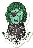 grunge sticker of a crying half orc rogue character with natural one D20 roll png