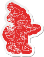 quirky cartoon distressed sticker of a goblin with knife wearing santa hat png