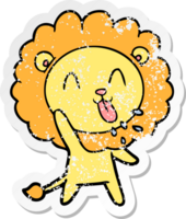 distressed sticker of a happy cartoon lion png