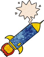 cartoon rocket with speech bubble in retro texture style png