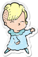 distressed sticker of a cartoon squinting girl png